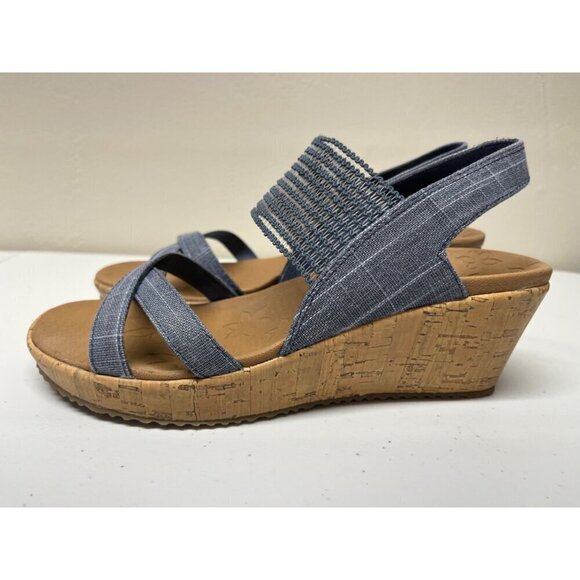 Skechers Womens 8 Beverlee High Tea Wedge Strappy Sandals Blue Luxe Foam - Picture 2 of 9